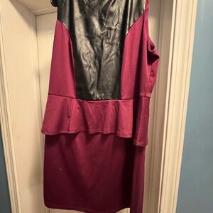 One-Shoulder Plum Dress with Black Faux-Leather Panel